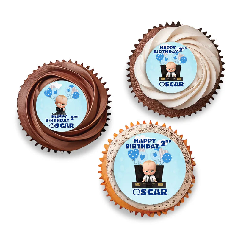 The Boss Baby cupcake toppers in circular design with character face and text on toothpicks flat lay display