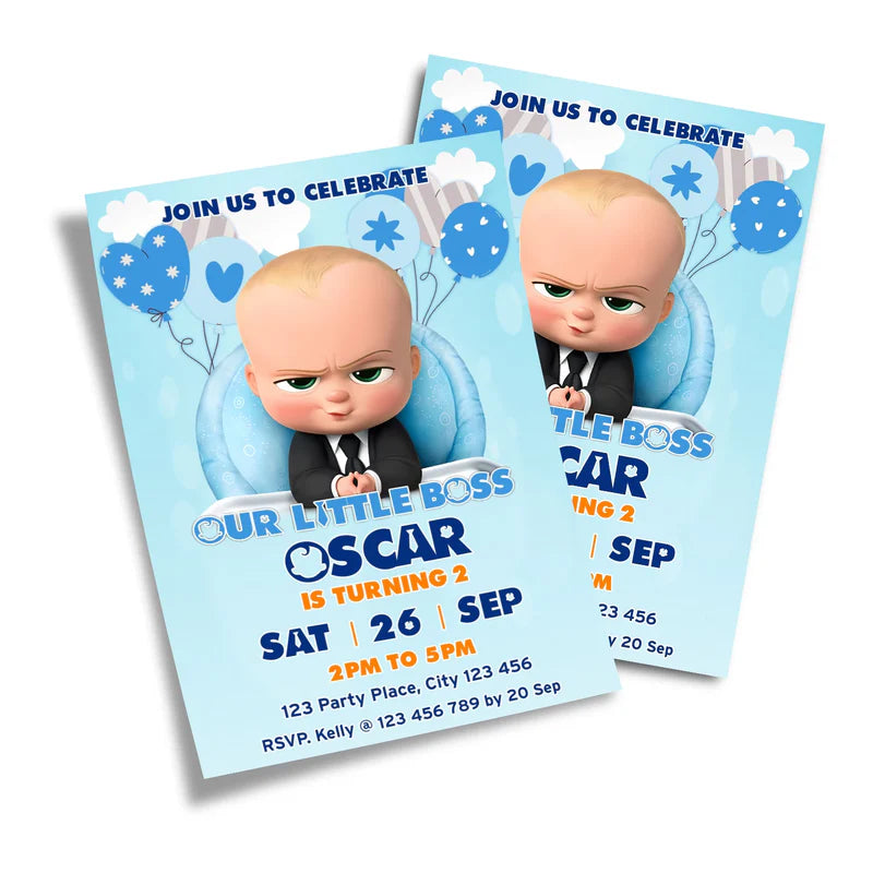 The Boss Baby birthday invitations with blue and black suit design printed on glossy cardstock on white background