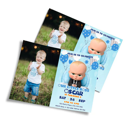 The Boss Baby photo card invitations featuring child photo and theme graphics laid flat with envelopes
