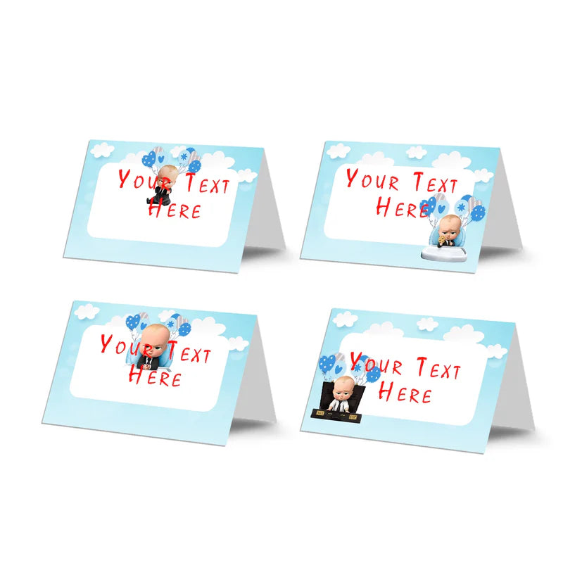 The Boss Baby food cards with editable text for buffet display printed on folded cards on white background