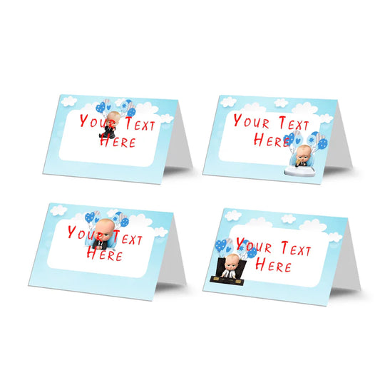 The Boss Baby food cards with editable text for buffet display printed on folded cards on white background