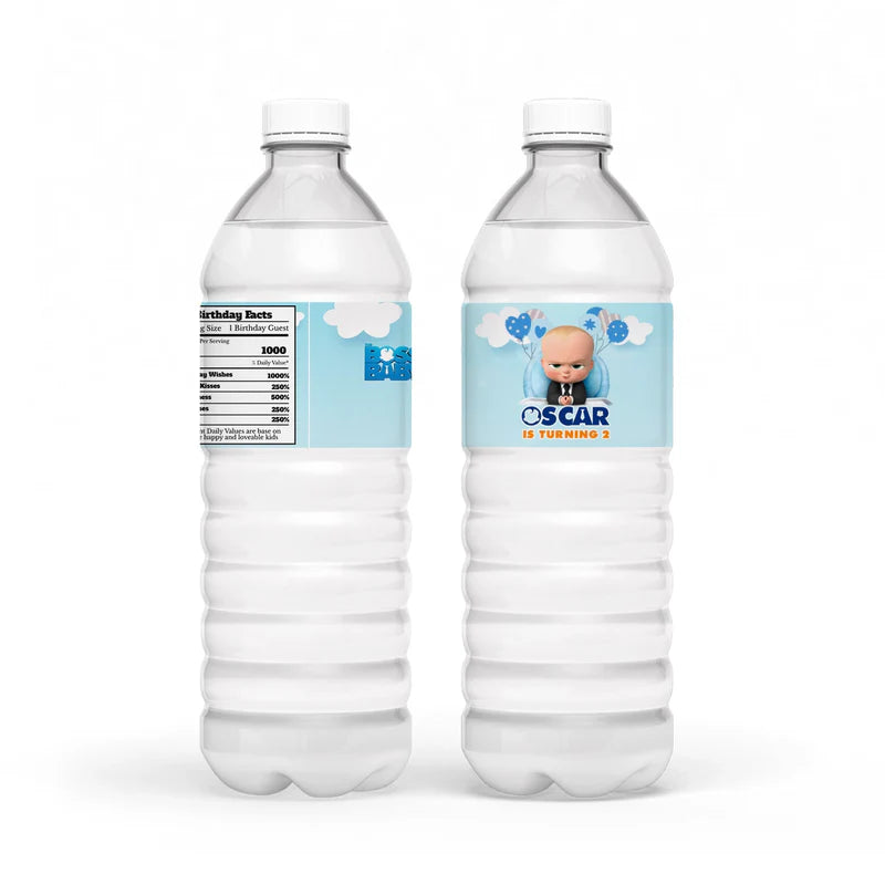 The Boss Baby water bottle labels in blue and black with themed graphics wrapped around standard-size bottles