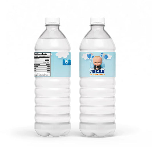 The Boss Baby water bottle labels in blue and black with themed graphics wrapped around standard-size bottles
