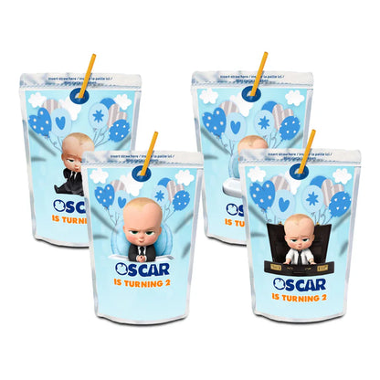 The Boss Baby juice pouch labels with custom name in blue color scheme applied to foil drink pouches flat view