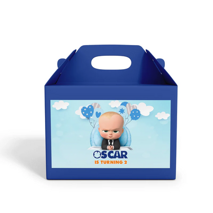 The Boss Baby treat box label with blue graphic design shown on front of small party favor box flat surface