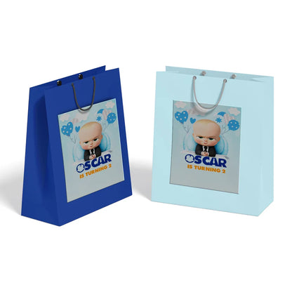 The Boss Baby goodie bag labels with personalized name and theme design applied to kraft or plastic bags