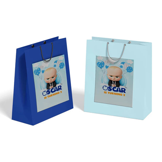 The Boss Baby goodie bag labels with personalized name and theme design applied to kraft or plastic bags
