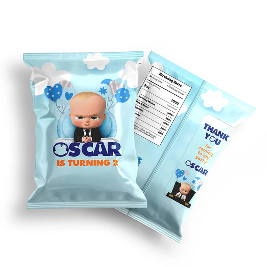 The Boss Baby chips bag label in blue and gold applied to standard chip packet shown flat on white background