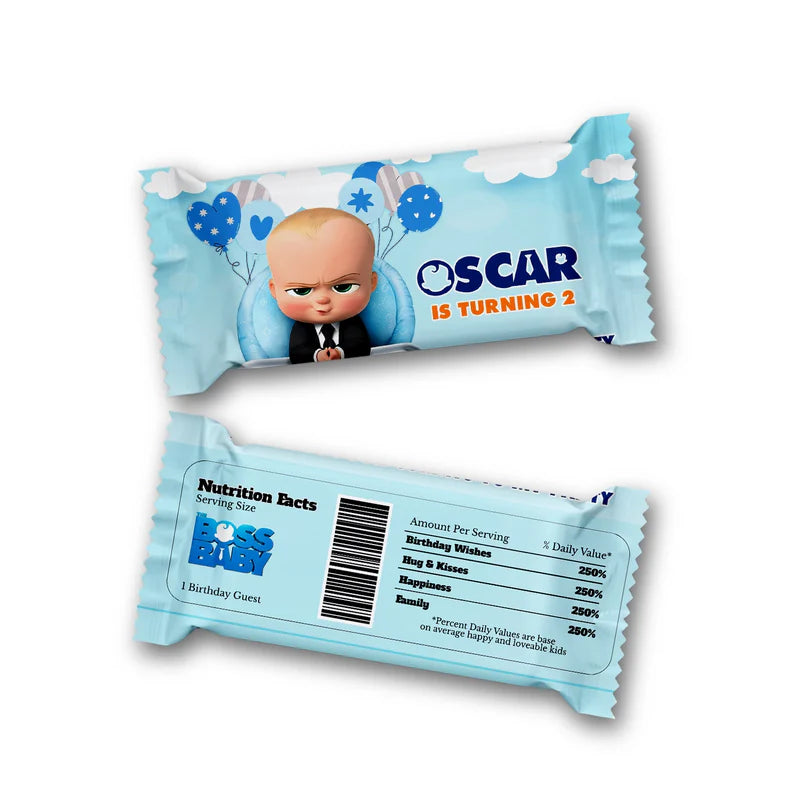 The Boss Baby Rice Krispies and candy bar label in custom theme colors applied to snack bar in flat layout