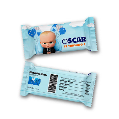 The Boss Baby Rice Krispies and candy bar label in custom theme colors applied to snack bar in flat layout