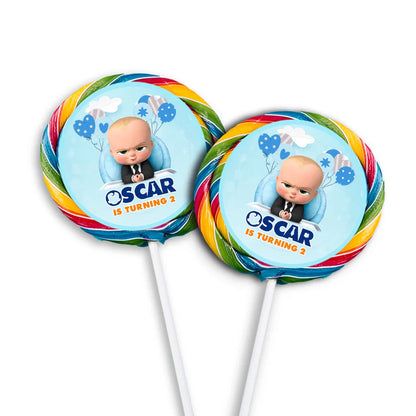 The Boss Baby lollipop label in circular shape attached to swirl lollipop stick with blue character graphic