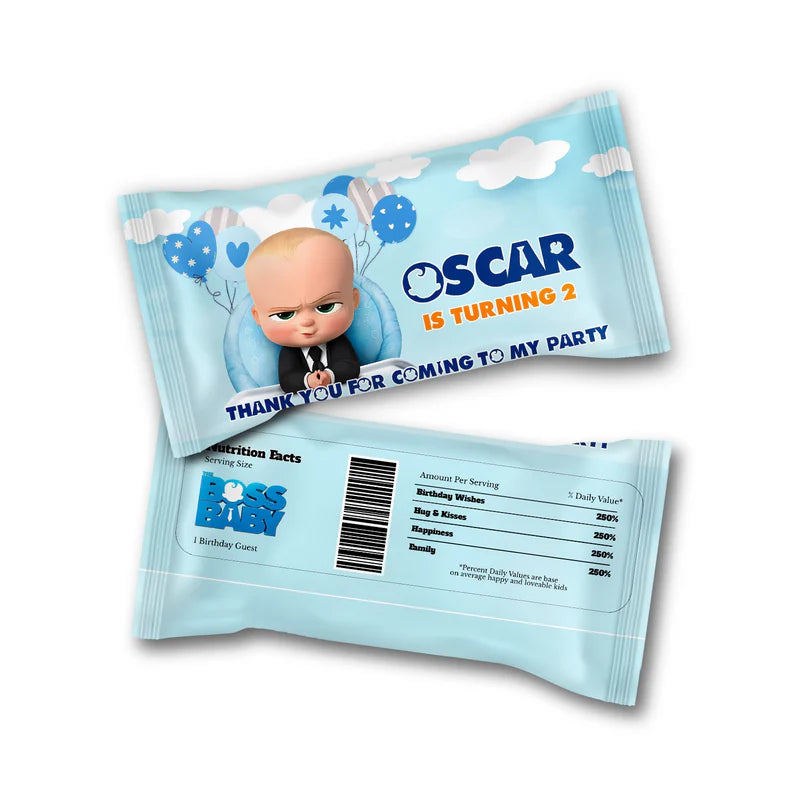 The Boss Baby Skittles label in mini pack size with themed wraparound design and custom text on white background