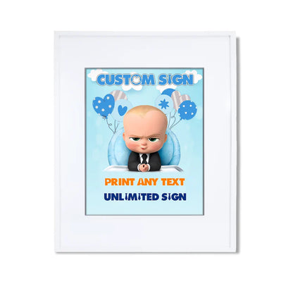 The Boss Baby custom sign with birthday message printed on poster board with themed border on display stand
