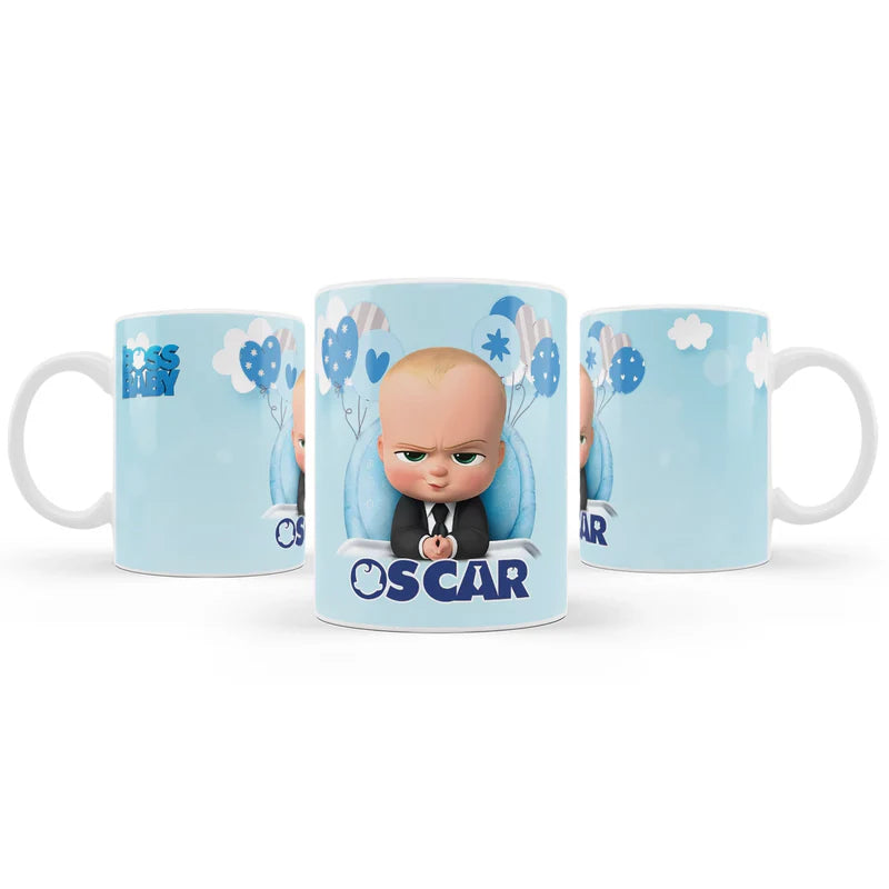 The Boss Baby sublimation mug with custom name printed on white ceramic cup featuring blue cartoon design