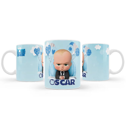 The Boss Baby sublimation mug with custom name printed on white ceramic cup featuring blue cartoon design
