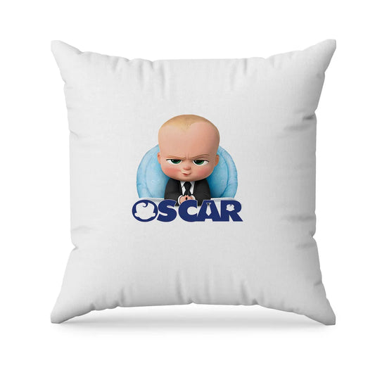 The Boss Baby sublimation pillowcase in soft fabric with custom name and character print laid on white bedding