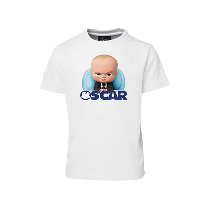 The Boss Baby sublimation T-shirt in white cotton with character print and personalized name flat on surface