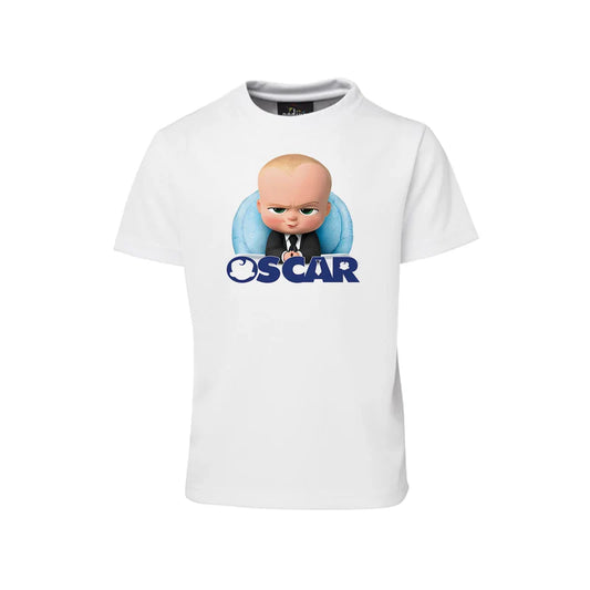The Boss Baby sublimation T-shirt in white cotton with character print and personalized name flat on surface