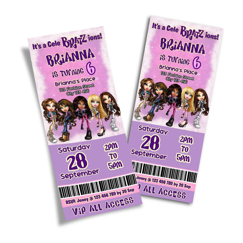 Bratz birthday ticket style invitation with editable design