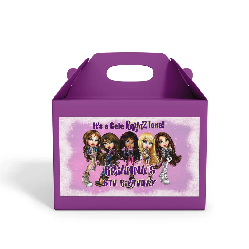 Bratz treat box label for party favors or gifts