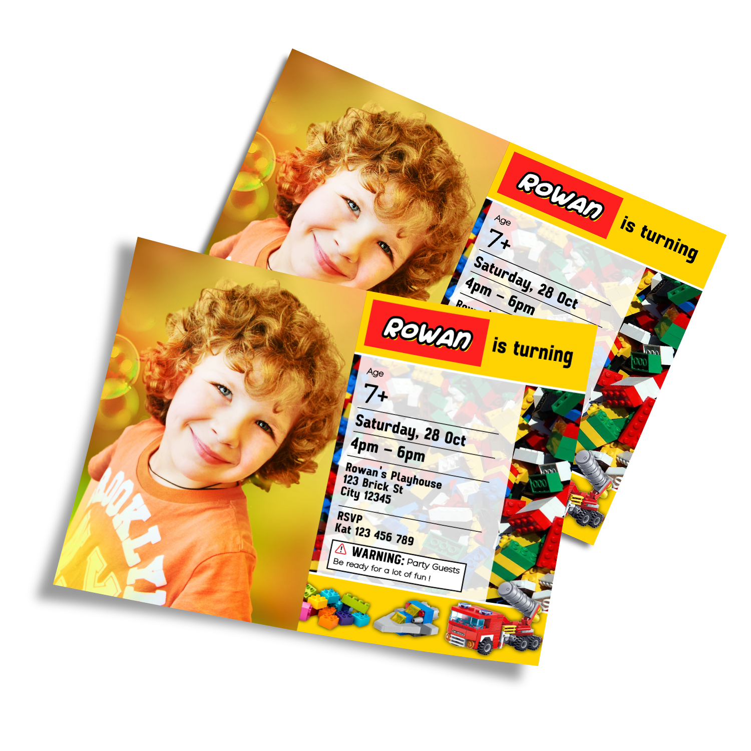 Personalized photo card invitations with a Lego theme