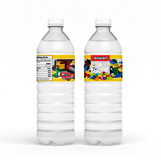 Water bottle label with a Lego theme