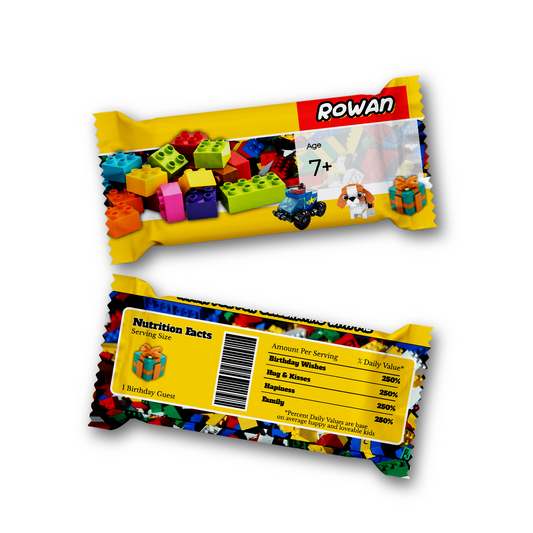 Rice Krispies treats label and candy bar label with a Lego theme