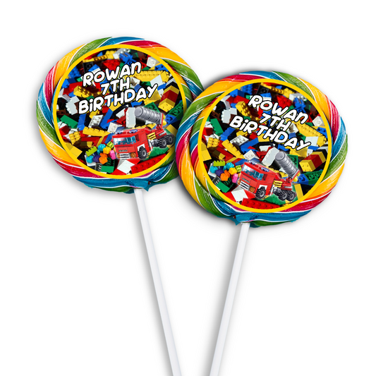 Lollipop label with a Lego theme