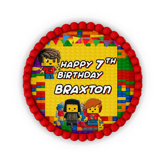 Round personalized cake images with a Lego theme