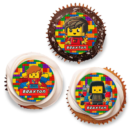 Personalized cupcakes toppers with a Lego theme