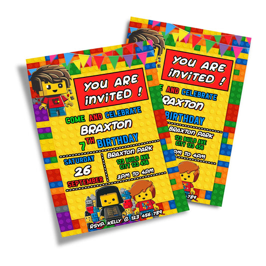 Personalized birthday card invitations with a Lego theme