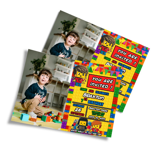 Personalized photo card invitations with a Lego theme