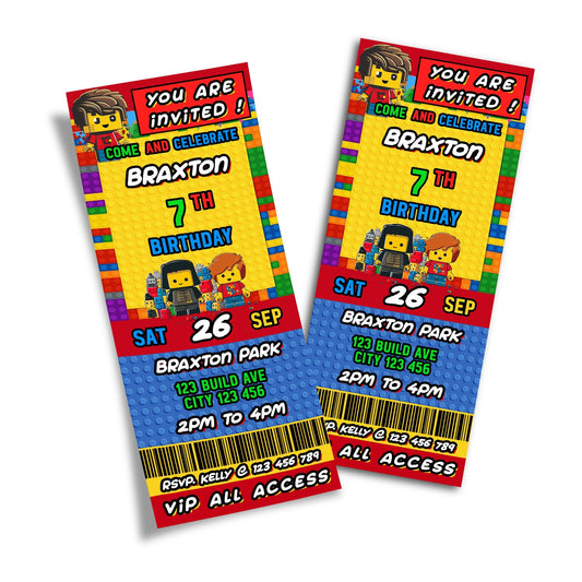 Personalized birthday ticket invitations with a Lego theme