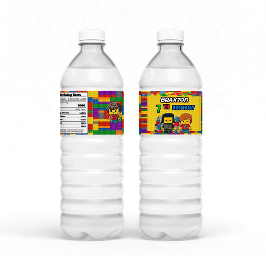 Water bottle label with a Lego theme