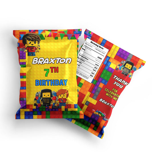 Chips bag label with a Lego theme