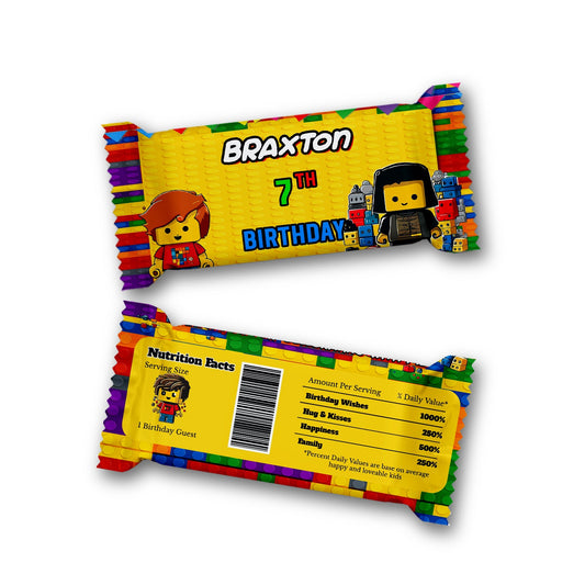 Rice Krispies treats label and candy bar label with a Lego theme