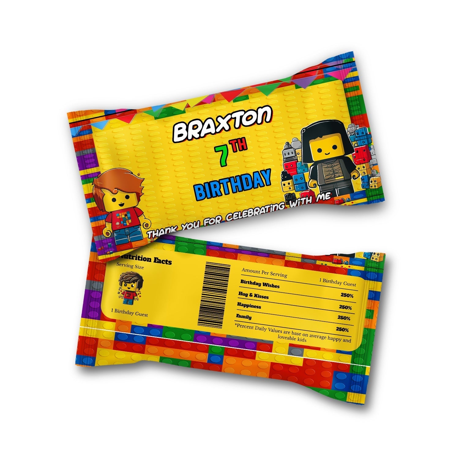 Skittles label with a Lego theme