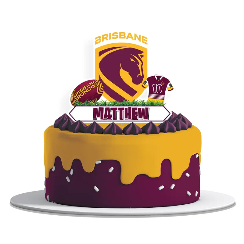 Brisbane Broncos personalized cake toppers featuring athletic team logo graphics on a modern dessert t display