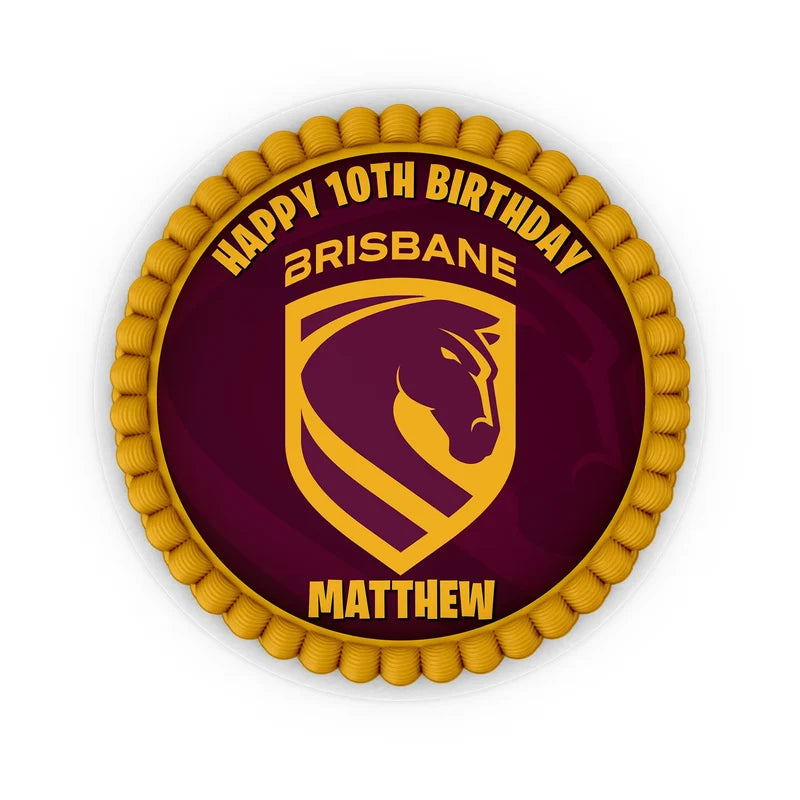 Brisbane Broncos edible icing cake images with vibrant sports team logos placed on a frosted round cake