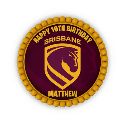Brisbane Broncos edible icing cake images with vibrant sports team logos placed on a frosted round cake