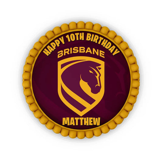 Brisbane Broncos edible icing cake images with vibrant sports team logos placed on a frosted round cake