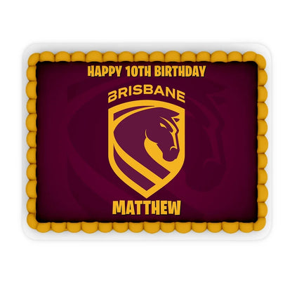 Brisbane Broncos custom sheet cake images showing a maroon and gold birthday layout on a large rectangle cake