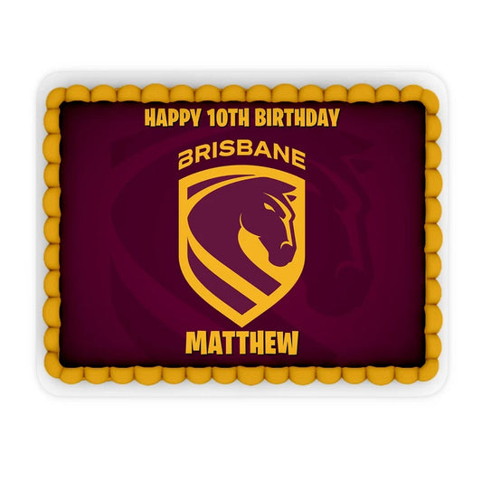Brisbane Broncos custom sheet cake images showing a maroon and gold birthday layout on a large rectangle cake