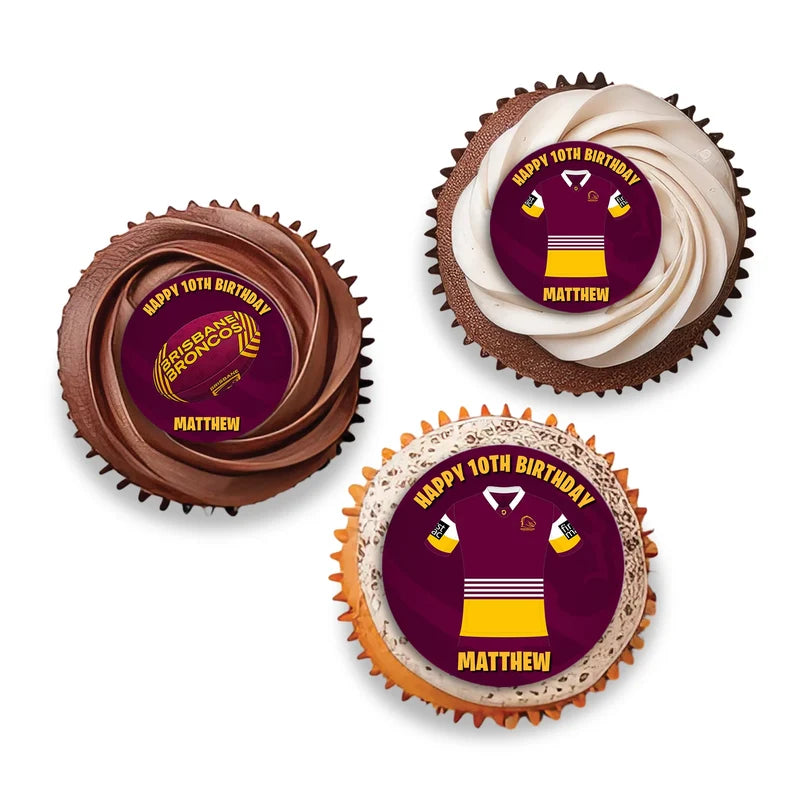 Brisbane Broncos personalized cupcake toppers arranged neatly on frosted treats against a neutral backdrop