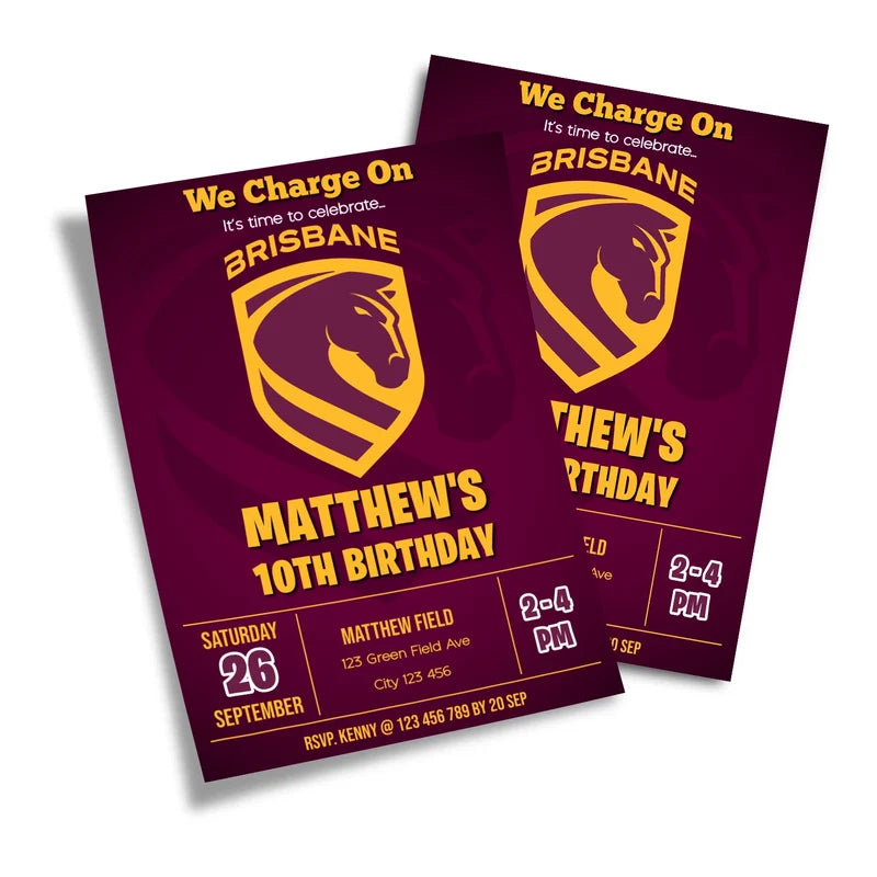 Brisbane Broncos birthday card invitations displaying a bright maroon and gold template layout on a minimal background