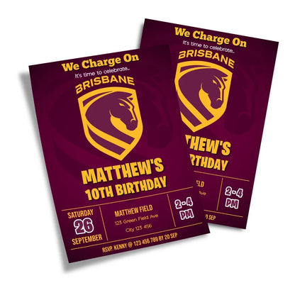 Brisbane Broncos birthday card invitations displaying a bright maroon and gold template layout on a minimal background