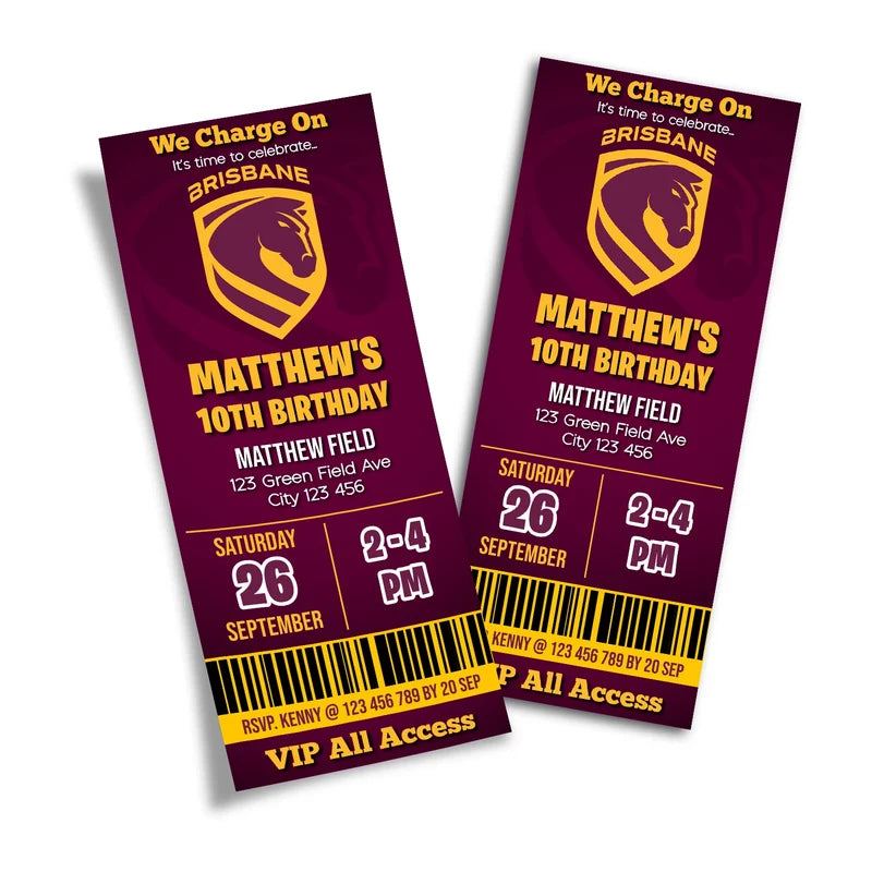 Brisbane Broncos birthday ticket invitations showing a sports event pass style layout with bold typography