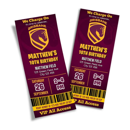Brisbane Broncos birthday ticket invitations showing a sports event pass style layout with bold typography