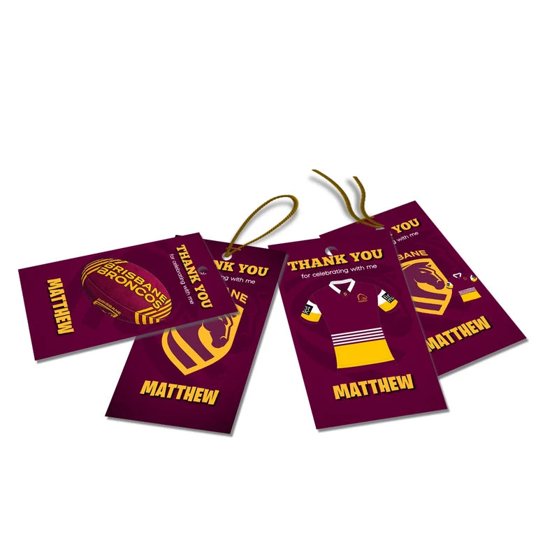 Brisbane Broncos thank you tags with gold text accents displayed on a neatly wrapped party favor box