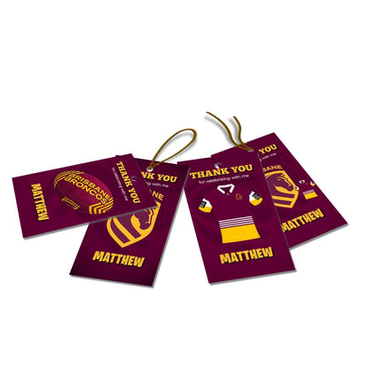 Brisbane Broncos thank you tags with gold text accents displayed on a neatly wrapped party favor box